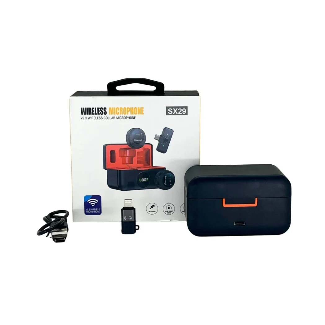 Micrófono inalámbrico de solapa SX29 doble (2 micrófonos) con estuche de carga